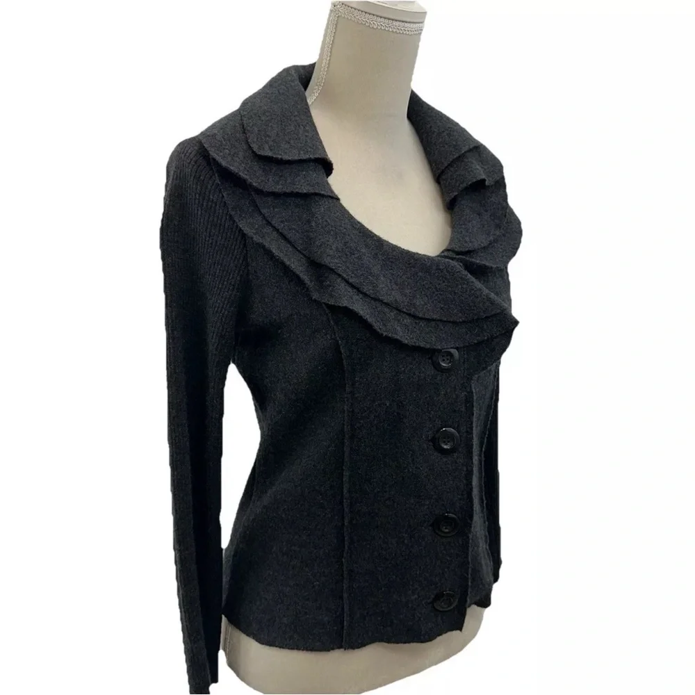 Alfani 100% Wool Black Jacket Triple Layer Collar Button Up Petite Small EUC